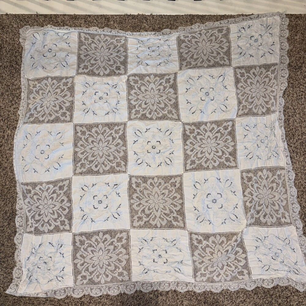 Vintage Crochet Lace Embroidery Floral Square Patchwork Table Cloth Linen French
